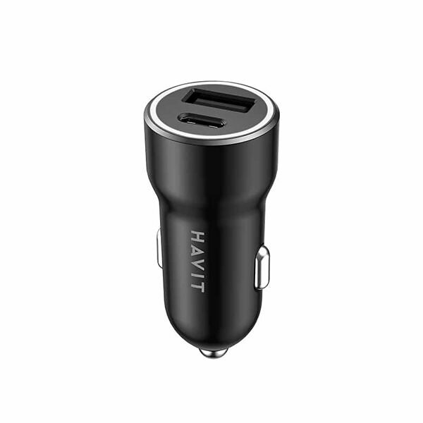 Havit HV-CC613 laddare till cigarettuttaget med USB & USB-C port Svart