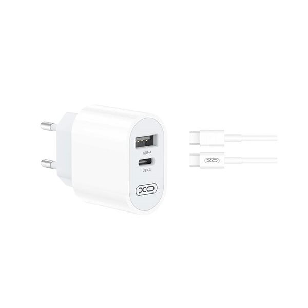 XO väggladdare med 1x USB 1x USB-C 2,4A & USB-C kabel