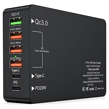 MTP Products 6-Port Snabb Laddare med USB-C PD & QC3.0 65W