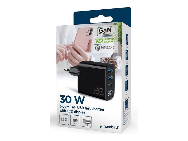 Gembird TA-UC-PDQC30LCD strømforsyningsadapter GaN 30W