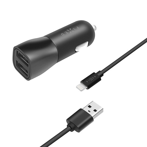 Fixed Billaddare 2x USB-A 15W/Lightning MFI 1m
