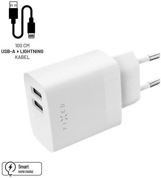 Fixed Hemladdare 2x USB-A 17W/Lightning kabel 1m