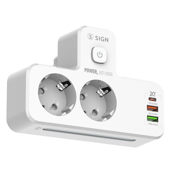 SiGN SN-SE2337 med LED-nattlampa, 2-vägs/2 xUSB-A/1x USB-C 20W