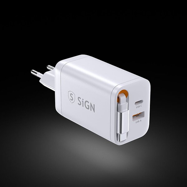 SiGN SN-TC-67W GaN med utdragbar USB-C kabel 65W