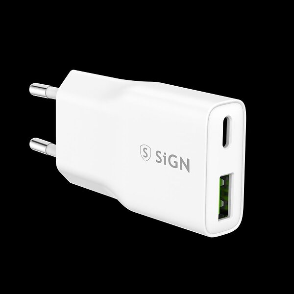 SiGN SN-GAN20WAC GaN Ultra Slim USB-A & USB-C Laddare 20W