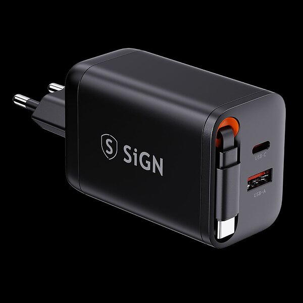 SiGN SN-TC-67B GaN Snabbladdare med utdragbar USB-C kabel 65W