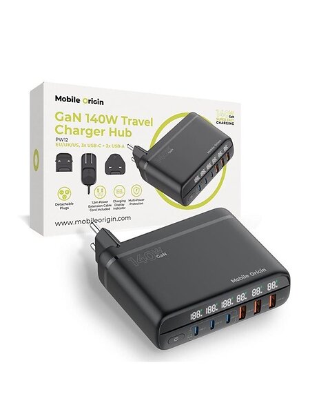 Mobile Origin MO-CH140-PW12 GaN 140W Reseladdare Hub 3x USB-C + 3x USB-A EU/UK/US