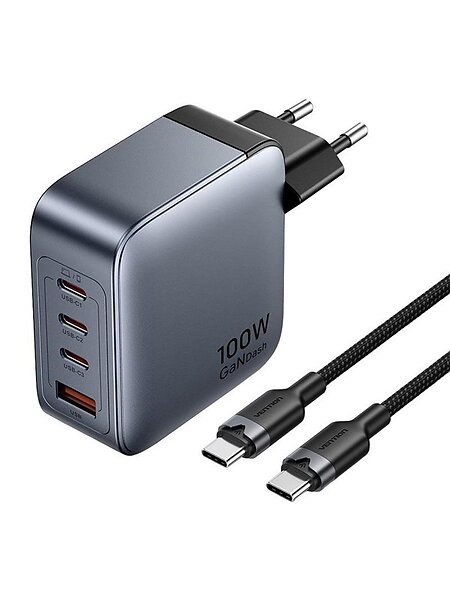 Vention TZ-FETH0-EU GaN 4-portars stationär laddare med 1m USB-C-kabel 100W