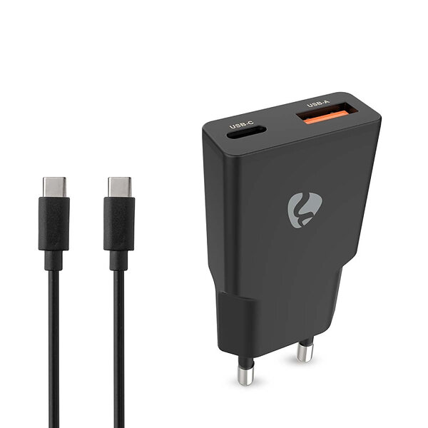Nedis WCHA20BKUC GaN PD3.0 Snabbladdare med USB-A/USB-C-portar och USB-C-kabel 20W