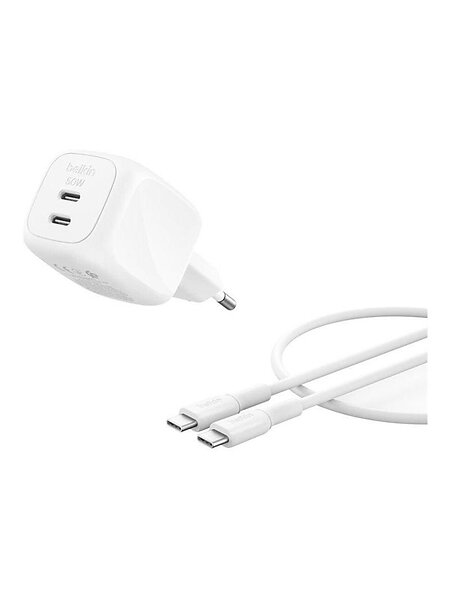 Belkin WCH019KQ1MWH-B6 BoostCharge Pro GaN Dubbel USB-C med USB-C-kabel 50W