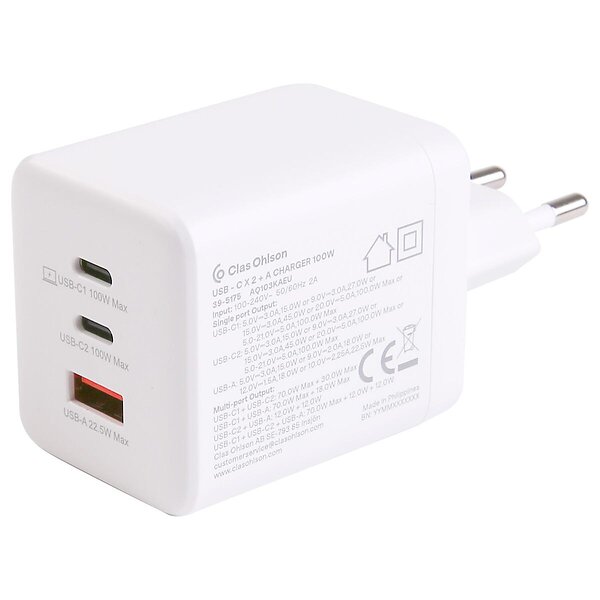 Clas Ohlson Laddare 2 x USB-C och 1 x USB-A GaN 100W
