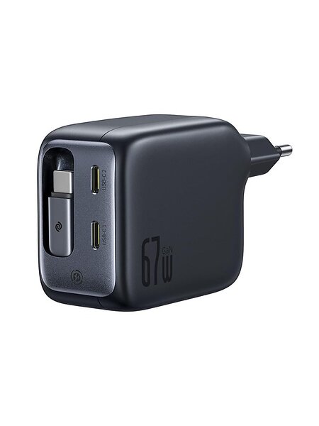 Baseus EnerCore CJ11 E0121E00 67W Väggladdare med Två USB-C-portar och Infällbar USB-C-kabel