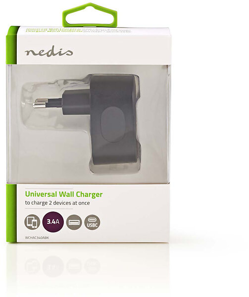Nedis WCHAC340ABK Väggladdare 2 utgångar USB-A OCH USB-C 17W
