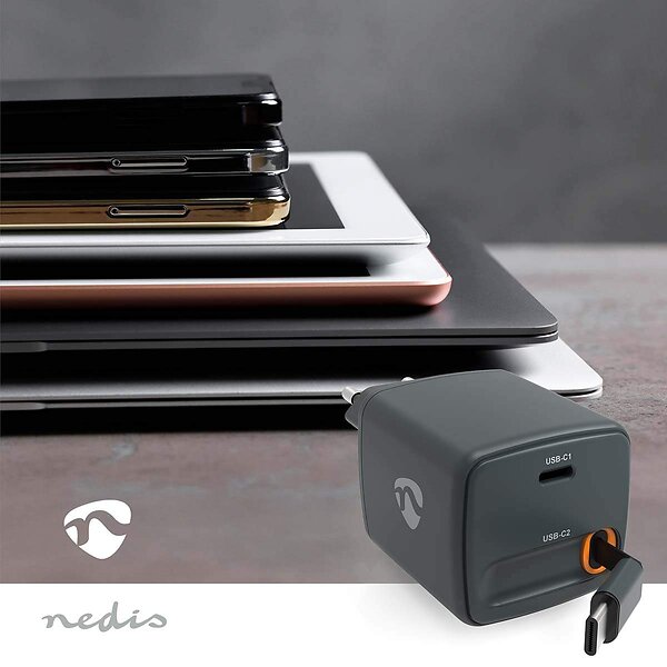 Nedis GaN Väggladdare med Indragbar Kabel USB-C 30W