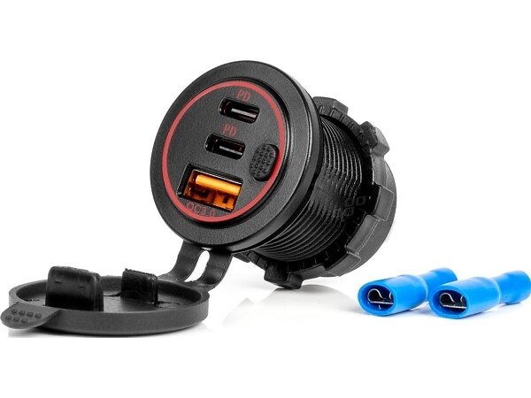 AMiO Bilstickkontakt med USB-uttag Vattentät med USB-omkopplare + 2x USB-C QC3.0 12V 24V 30W