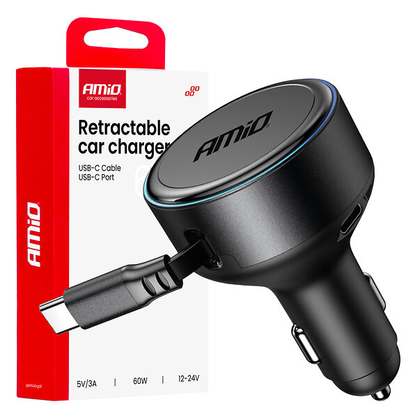 AMiO 04368 Biladdare med Infällbar Kabel Typ C + USB-C 60W