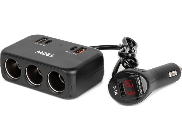 AMiO 04366 Biladapter 2X USB-A 1X USB-C QC4.0 120W