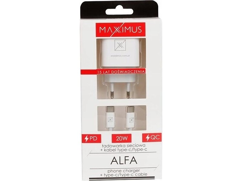 Maxximus ALFA Väggladdare med USB-A+C och USB-C till USB-C-kabel PD QC 20W