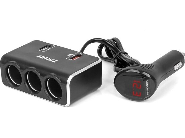 AMiO 04364 Cigarettändaruttagssplitter med Laddare 2x USB-A QC3.0 12V 24V 80cm 120W