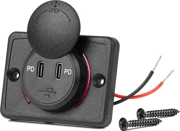 AMiO -04232 Vattentät Fyrkantig 2x USB-C 12V 24V Billaddare