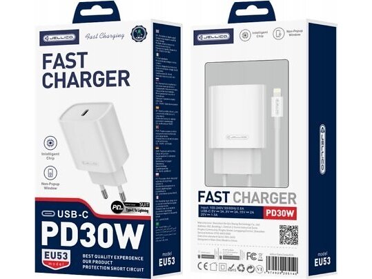 Jellico EU53 PD 1xUSB-C med USB-C till Lightning-kabel Väggladdare 30W
