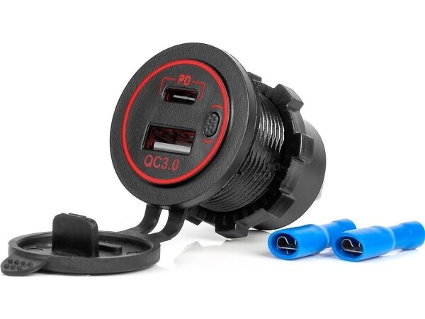 AMiO -04221 Vattentät Billaddare med USB och USB-C QC3.0 12V/24V