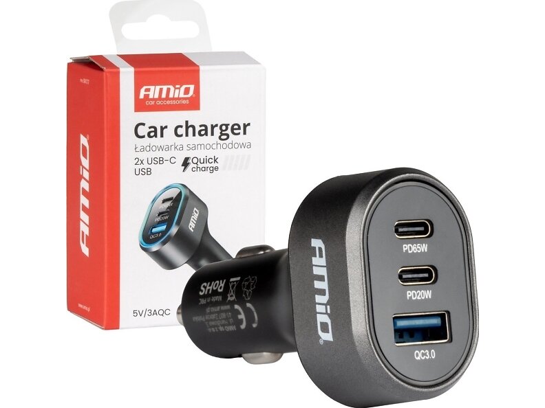 AMiO Bilstoladdare QC3.0 PD65W PD20W 2X USB-C 1X USB-A 85W