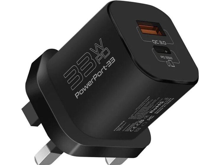 Promate Powerport-33 GaN Snabbladdare Adapter USB-C PD USB-A 33W