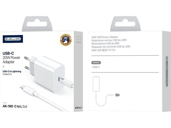 Jellico AK-180 PD Väggladdare med USB-C till USB-C-kabel 20W