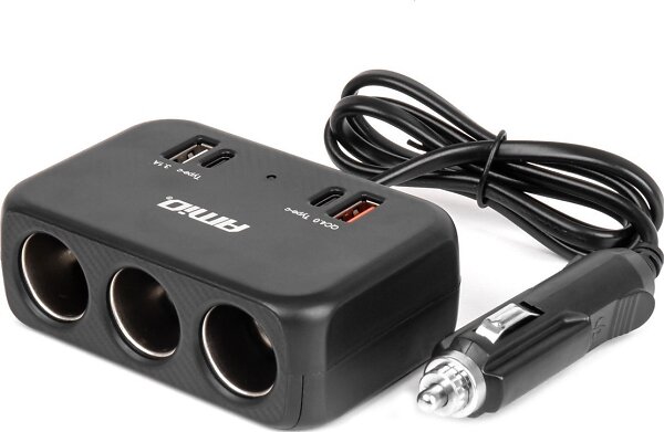 AMiO Cigarettändaruttagsplitter med laddare 1x USB-A 1x USB-C QC4.0 12V 24V 80cm 120W