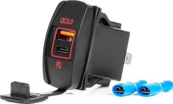 AMiO Biladdare Med USB-Uttag Vattentät Båtformad USB + USB-C QC3.0 12V 24V