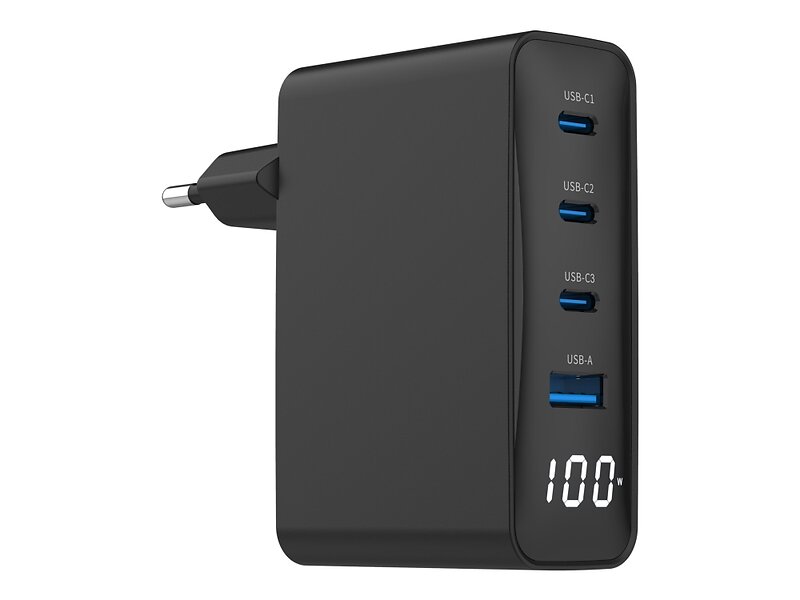 Gembird TA-UC-PDQC100LCD-01-BK Snabb Laddning PD QC 3.0 4 Utgångsportar (3 x USB-C, USB Typ A) 100W