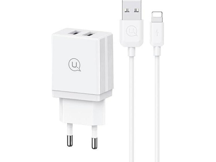 Usams HCXLTZ01 Dubbel USB-väggladdare med Lightning till USB-A-kabel 18W