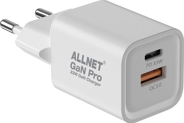 Allnet PSU-GaNPD-USB-1A1C-33W Nätadapter med 1x USB Typ-A QC och 1x USB Typ-C PD 33W