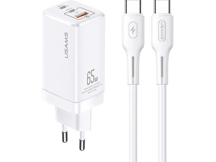 Usams T33 GaN 2xUSB-C + USB Väggladdare med USB-C till USB-C-kabel 65W