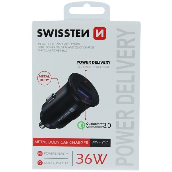 Swissten Billaddare 2-Port USB-C USB-A 36W