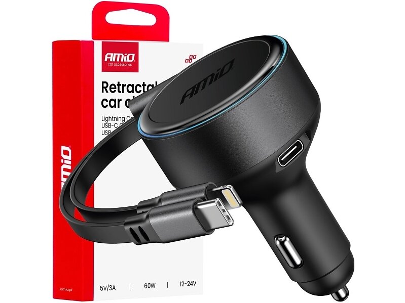 AMiO 04370 Infällbar Billaddare med Typ-C och Lightning-kabel 60W