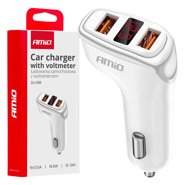 AMiO Biladdare med Voltmeter 2x USB 15.5W