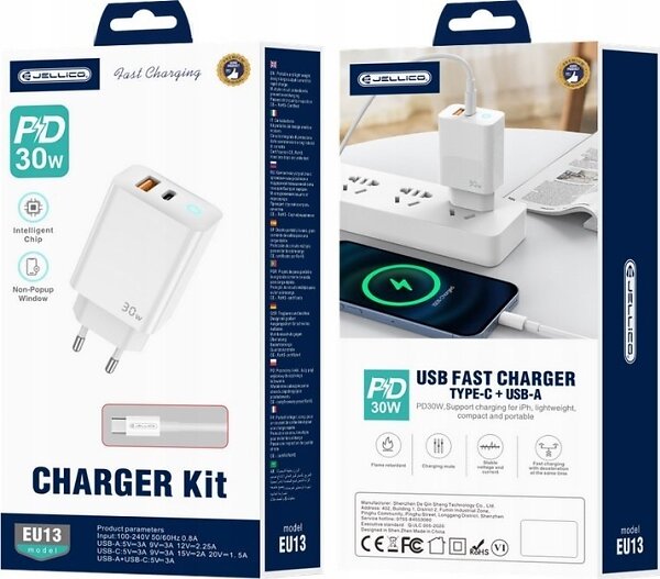 Jellico EU13 GaN Väggladdare med USB-C till USB-C-kabel 30W