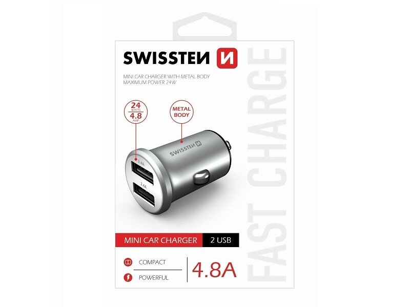 Swissten Pdpsw1219 Mini Billaddare med Metallkropp 2 USB 24W