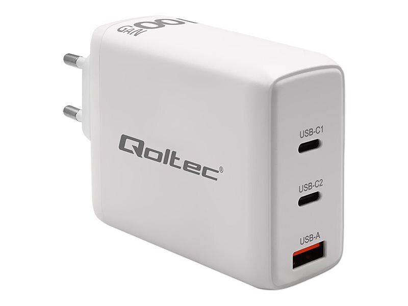 Qoltec GaN PD QC 3.0 Väggladdare med 3 Utgångar USB 2x USB-C 100W