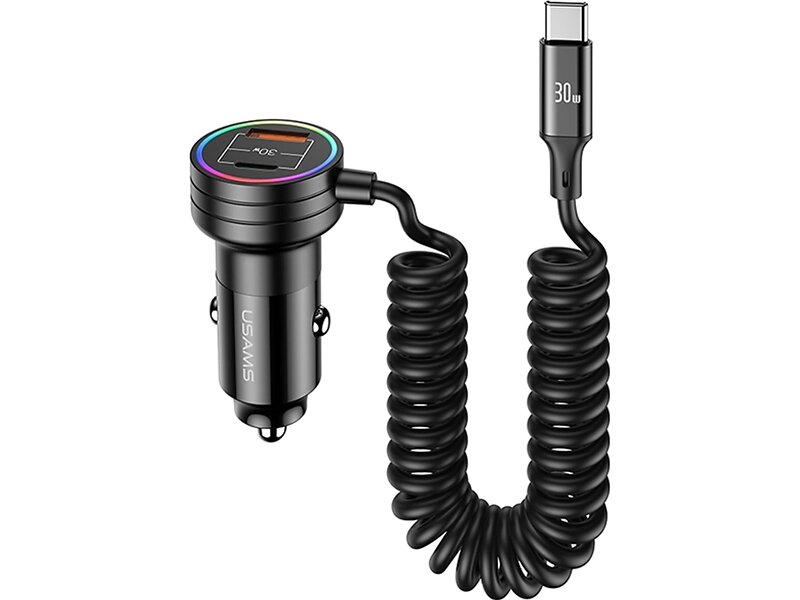 Usams C33 Billaddare med Spiralkabel 2xUSB-C 1xUSB-A 60W