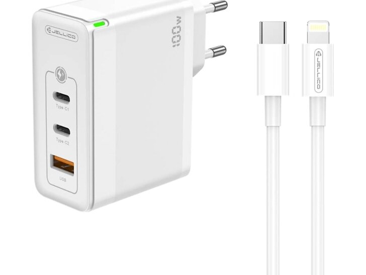 Jellico C118 GaN Väggladdare med 1 QC 3.0 USB och 2 PD USB-C Portar med USB-C till Lightning-Kabel 100W