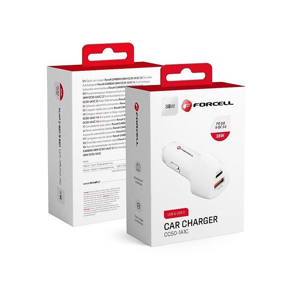 Forcell CC50-1A1C Dubbel USB-C PD 20W och USB QC 3.0 18W Billaddare 38W