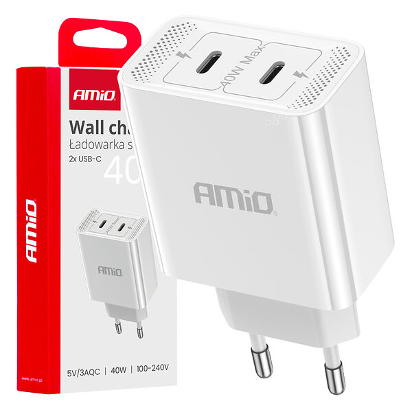 AMiO Väggladdare 2x USB-C 40W