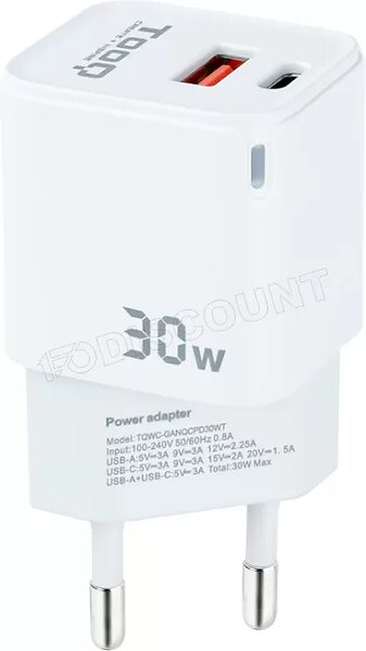 Tooq TQWC-GANQCPD30WT GaN Väggladdare 1x USB-A + 1x USB-C 30W