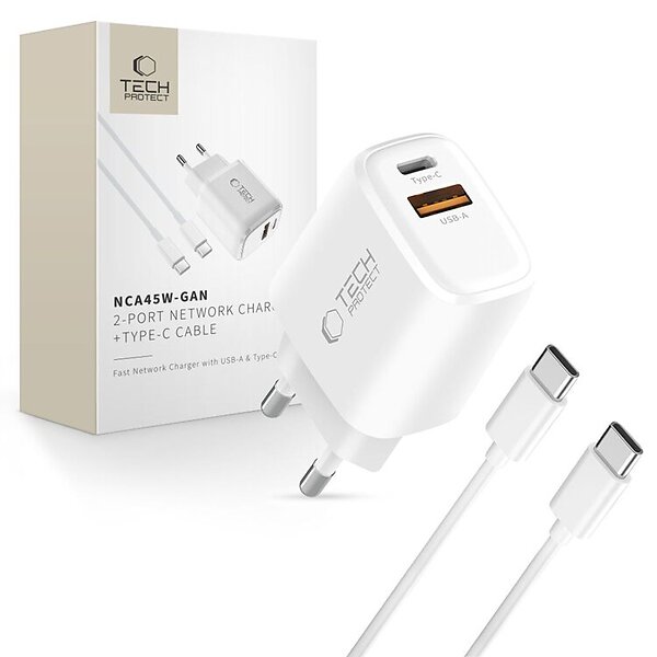 Tech-Protect NCA45W-Gan 2-Port Väggladdare PD 45W / QC3.0 + Type-C Kabel 45W