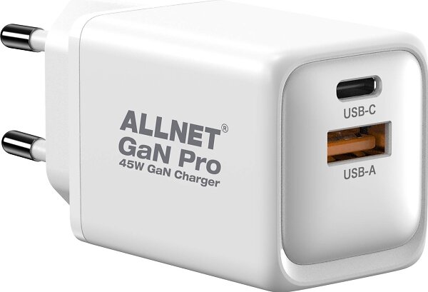 Allnet PSU-GaNPD-USB-1A1C-45W Adapter med USB Typ-A, USB Typ-C, EU-kontakt 45W