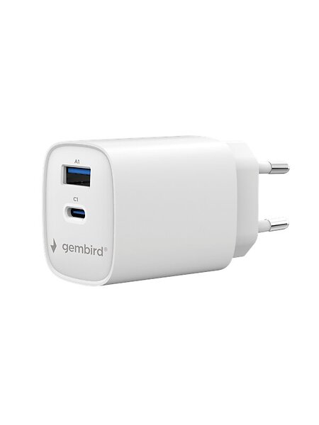 Gembird TA-UC-1A1C-PD30-01-W 2-port USB snabb laddare med USB-C och USB-A 30W