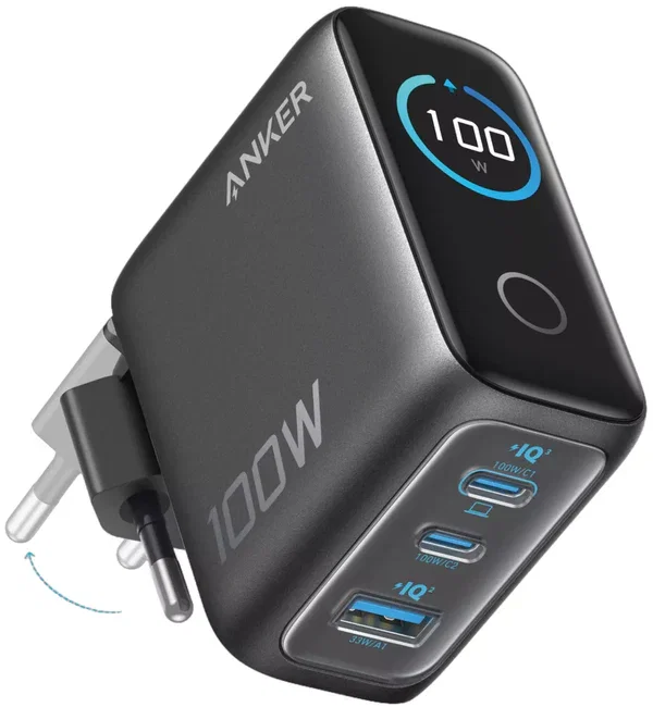 Anker A121BGZ1 3 Port Väggladdare med 2x USB-C 100W och 1x USB-A 33W Smart Display 100W